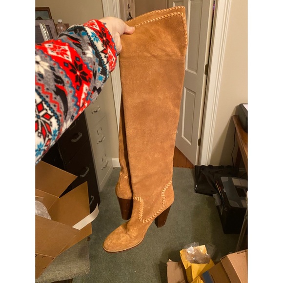 Dolce V. Tan Suede Over the Knee Boots Wood Heel 8 - Picture 7 of 8